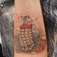 Old cartoon style for girls arm tattoo of cat with leaves
