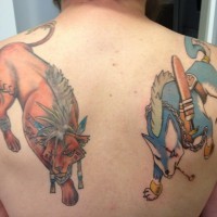 Old cartoon style incredible colored upper back tattoo of fantasy animal warriors