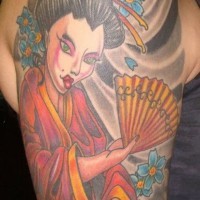 Old cartoon style painted colored shoulder tattoo of Asian geisha with flowers and fan