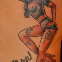 Old cartoon style painted seductive pin up girl tattoo on side