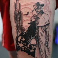 Old cartoons like black and white mystical man with pistol tattoo on thigh