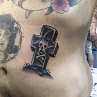 Old cartoons like black and white tomb cross with skull tattoo on side