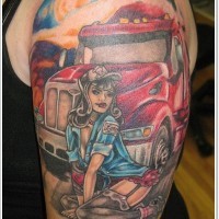 Old cartoons like colored seductive female firefighter tattoo on upper arm