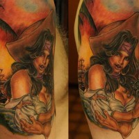 Old cartoons like colored sexy pirate woman with pistol tattoo on shoulder zone