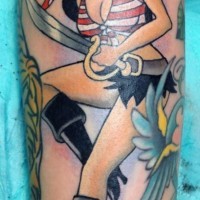 Old cartoons style colored pirate woman tattoo on arm