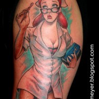 Old cartoons style colored sexy nurse tattoo on shoulder