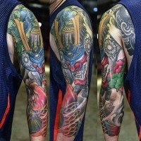 Old cartoons style painted colored evil demonic samurai tattoo on sleeve combined with carp-fish