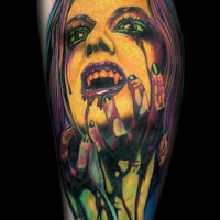 Old comic books style colored  leg muscle tattoo of bloody vampire woman portrait