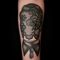 Old fashion style black and white half man half flowers tattoo on arm