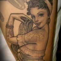 Old fashion style black and white seductive dancer tattoo on thigh