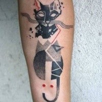 Old graffiti style forearm tattoo of cat silhouette with red dots