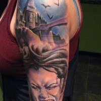 Old horror movie colored big castle with vampire woman and bats tattoo on sleeve