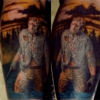 Old horror movie Jason colored tattoo on leg