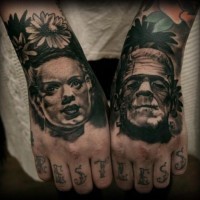 Old horror movies heroes portraits tattoo on fists