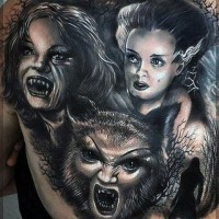 Old horror movies style black and white detailed various monsters tattoo on back