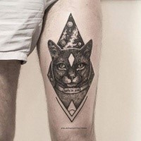 Old image like dot style thigh tattoo of space cat with planets