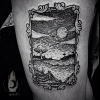 Old looking black ink thigh tattoo of cute picture
