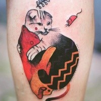 Old looking colored leg tattoo of colored cat by Joanna Swirska