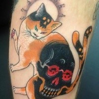 Old looking colored tattoo of Manmon cat stylized with human skull by horitomo