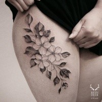 Old looking painted by Zihwa thigh tattoo of nice flowers