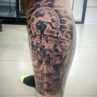 Old monster cartoon themed black ink leg tattoo stylized with cemetery
