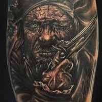 Old pirate in a cocked hat tattoo on  leg by mike devries