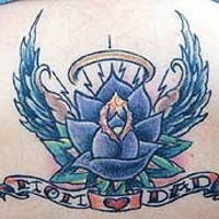 Old school back tattoo with birds, flower and wings in blue color
