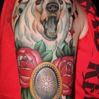 Old school bear and roses tattoo on half sleeve