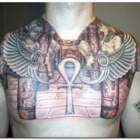 Old school big colored Egypt themed tattoo on chest with Ankh symbol