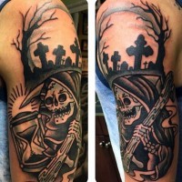 Oldschool schwarzes und weißes Tod Skelett Tattoo an der Schulter mit dunklem Friedhof und Sanduhr