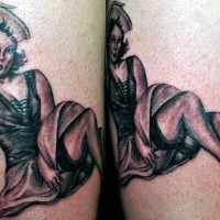 Old school black and white sailor woman tattoo on leg