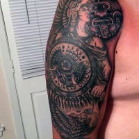 Old school black and white shoulder tattoo of tribal warrior with shield and eagle