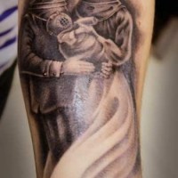 Old school black ink old school family in old divers suits tattoo on forearm