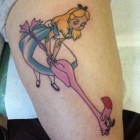 Old school cartoon style painted little fantasy girl tattoo with flamingo