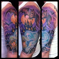 Old school cartoons style colored on shoulder tattoo of ghost and cemetery with bats