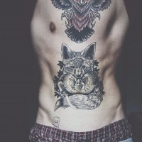 Old school colored and painted big owl with fox tattoo on chest and belly