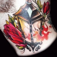 Old school colored antic street lighter tattoo with flowers