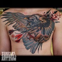 Old school colored dramatic chest tattoo of eagle with arrows in chest