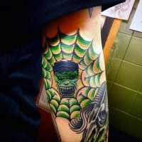 Old school colored forearm tattoo of Hulk with spider web