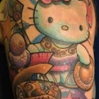 Old school colored funny colored hello kitty themed tattoo on shoulder stylized with stars