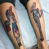 Tatuajes en las piernas, personajes 
extraordinarios divertidos, estilo old school