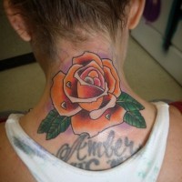 Old school colored little rose flower tattoo on neck