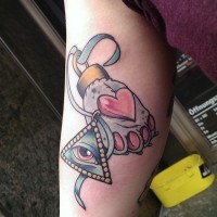 Old school colored mystical cat paw tattoo combined with triangle with eye