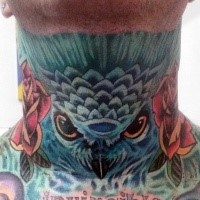 Old school colored neck tattoo of blue owl