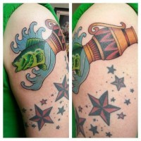 Old school colored shoulder tattoo of Aquarius symbol with stars