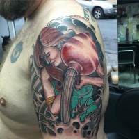 Old school colored shoulder tattoo of cute woman Aquarius