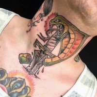 Old school colored snake with sword tattoo on neck
