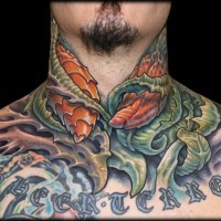 Old school colored unusual alien plants tattoo on neck with lettering