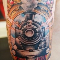 Old school colored upper arm tattoo of ancient train