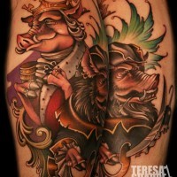 Old school colored various medieval style pigs tattoo on leg